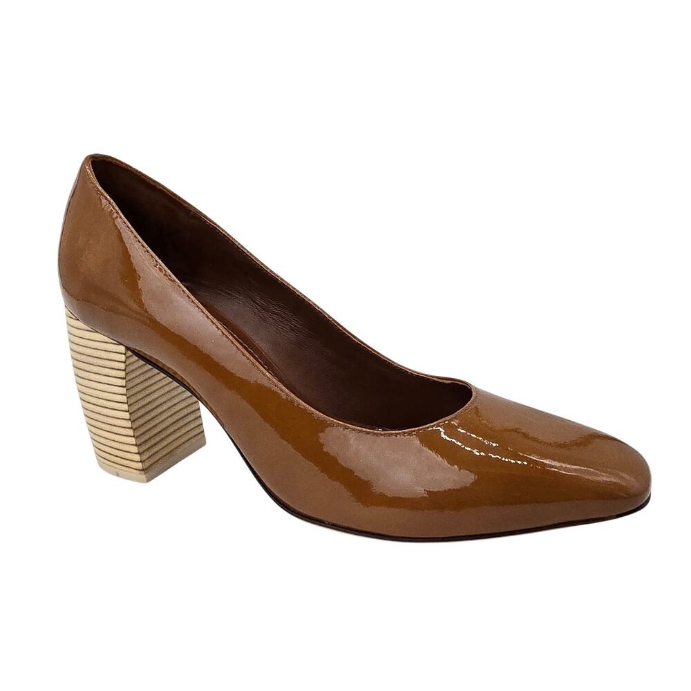 Tory Burch Banana Heel Pump Brown Caramel Patent Leather Curved Heel Women's 9M